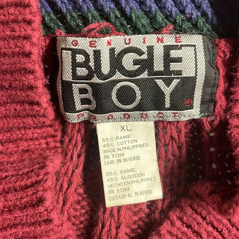 Vintage Bugle Boy v neck burgundy chunky cable knit sweater Size Extra Large